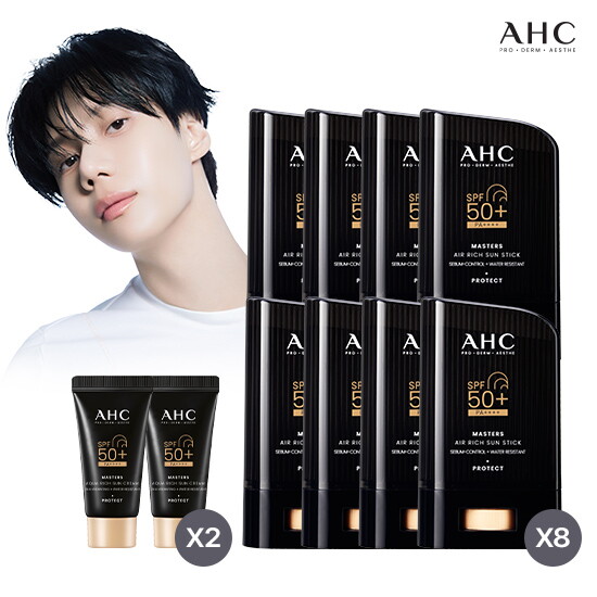 [AHC]♥AHC 1등 블랙 선스틱♥♡롯쇼페패키지♡ AHC 마스터즈 에어 리치 선스틱 22g 8통+아쿠아 리치 선크림 10ml 2통