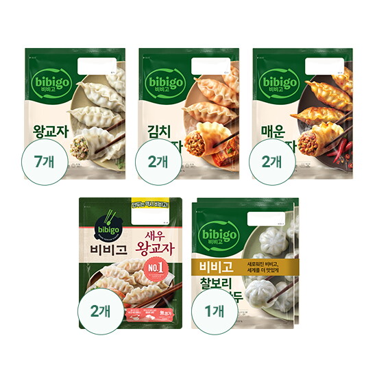 [비비고](CJ제일제당) 비비고 왕교자 7봉 + 김치왕교자 2봉 + 매운왕교자 2봉 + 새우왕교자 2봉 + 찰보리감자만두 2봉 (총 15봉)