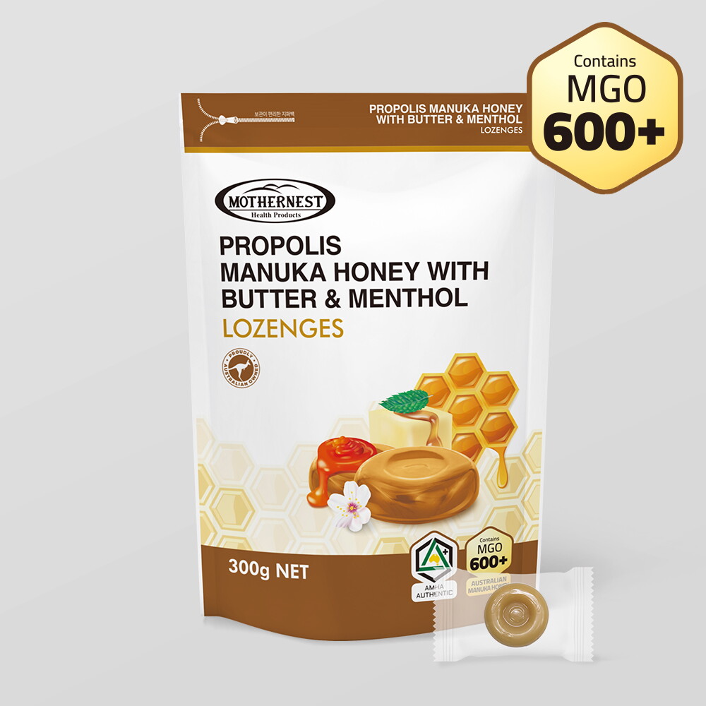 RBK Nutraceuticals Pty Ltd 마더네스트 프로폴리스 마누카허니 위드 버터멘톨 로젠지스 캔디 300g