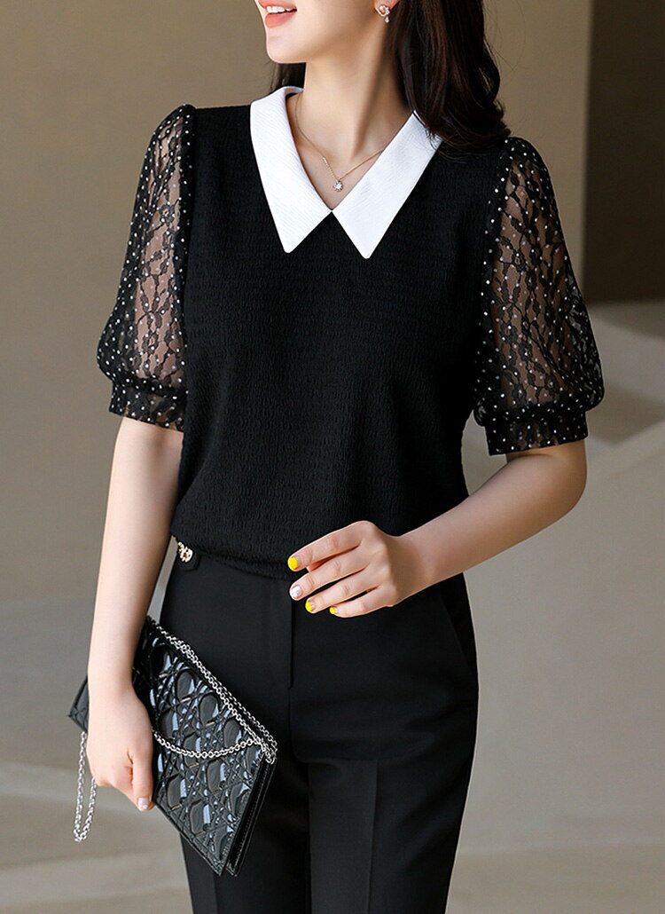 스타일온미  [스타일온미][루이스엔젤] 레이즐 도도 카라 포인트 시스루 레이스 배색 쟈가드 블라우스 티