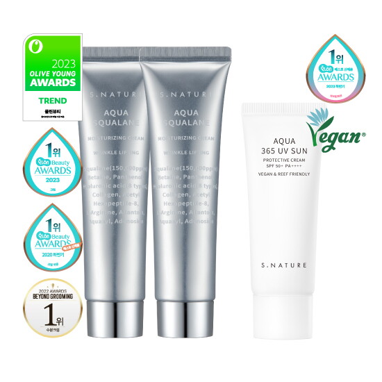 [에스네이처][화잘먹SET][정가90,000원] 에스네이처 아쿠아 스쿠알란 수분크림 대용량 80ml * 2 + 선크림 40ml