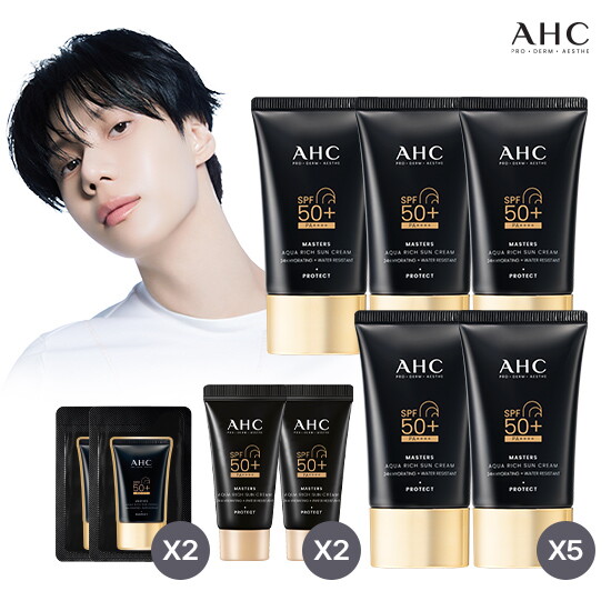 [AHC]♥AHC 1등 블랙 선크림♥ AHC 마스터즈 아쿠아 리치 선크림 60ml 5통+10ml 2통+체험분 2개