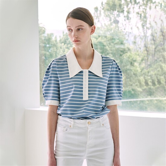 [누브][정상가 59000원][누브] Stripe Puff Collar T-Shirt - Sky Blue