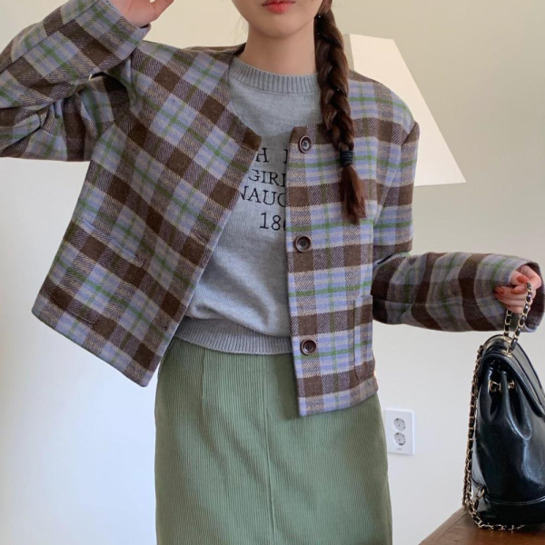 기타 (패플) [다잇템]여자 빼빼로데이 라운드넥 소개팅룩 체크 자켓