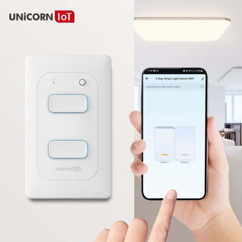 서진네트웍스 에이치플러스몰 유니콘<b>IoT</b> 2구 스마트 벽<b>스위치</b> 무선원격제어 자동불끄기 WIFI방식 TS SW2