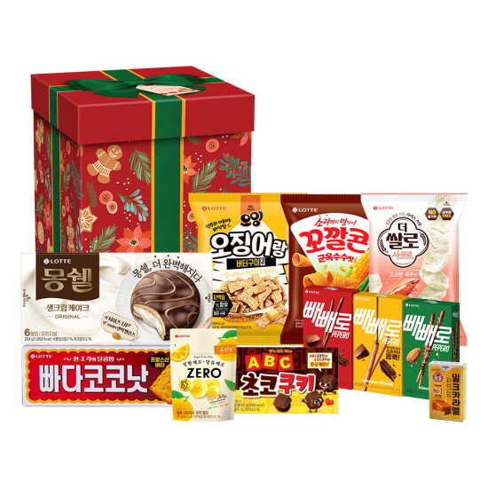 [롯데웰푸드]크리스마스 롯데웰푸드 스낵11종 과자선물세트 빼빼로 오잉  꼬깔콘 더쌀로 빠다코코낫 몽쉘 등