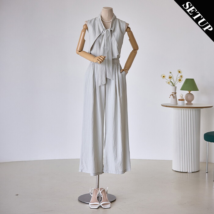 커스텀에이블 [커스텀에이블] 타이넥 민소매 블라우스 와이드팬츠 2종세트_T2504SE606B