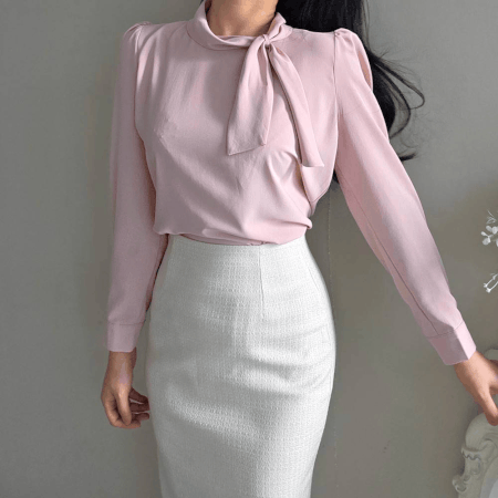 엘린무드 [하프클럽/엘린무드]앤티 실키 넥 스카프 타이 오피스 긴팔 퍼프 블라우스(3color)