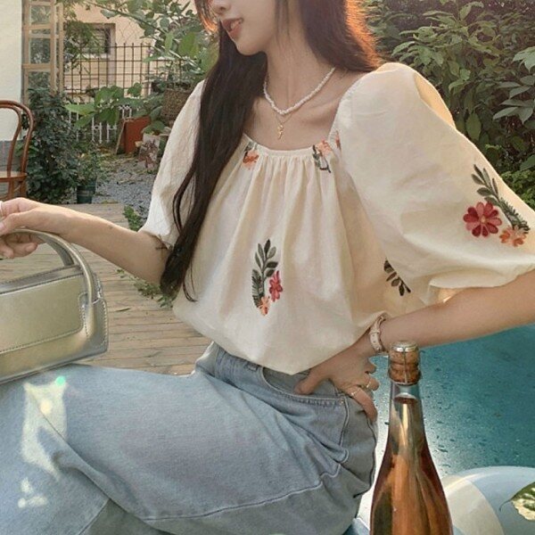 모노무드 [모노무드]MNO 플로럴 셔츠 여성 오픈숄더 트렌드아이템벌룬소매 티탑 시그니처