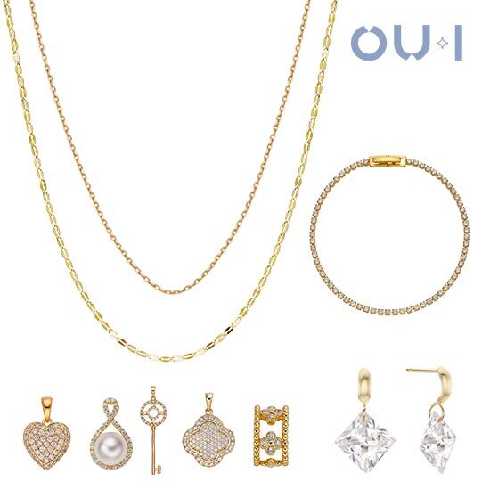 [오유아이]OUI 18K 골드 볼륨체인 목걸이 + 18K 골드 프린세스 귀걸이 + 45cm 체인목걸이 + 테니스팔찌 + 참 5종 (총 9종)