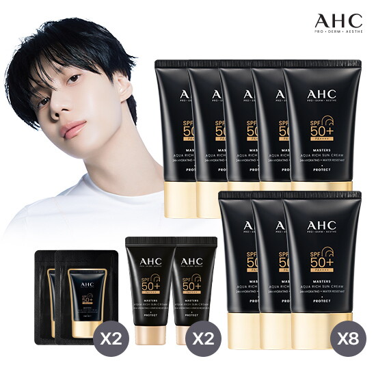 [AHC]♥AHC 1등 블랙 선크림♥ AHC 마스터즈 아쿠아 리치 선크림 60ml 8통+10ml 2통+체험분 2개