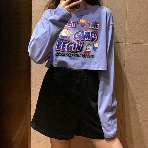 모노무드 [모노무드]LMO 캐릭터 트렌디 숏기장 롱슬리브티 컴포트룩 신규 여자스트릿룩 탑