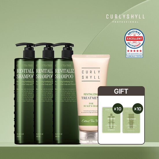 [커리쉴]★롯데단독구성★ 리바이탈라이징 샴푸 500ml 3통 + 트리트먼트 250ml 1통 + 파우치 20매(샴푸 10매+트리트먼트 10매))