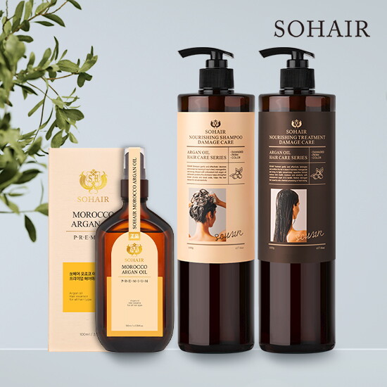 [쏘헤어][단독] 쏘헤어 모로코 아르간 오일 프리미엄 헤어 에센스 100ml 1개 + 너리싱 아르간 탈모 샴푸 500g 1개 + 트리트먼트 500g 1개