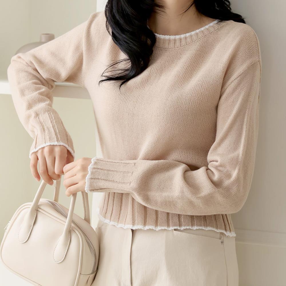 신상-오픈런 이모네 여성 스웨터 라운드 배색 크롭 베이직핏 스프링