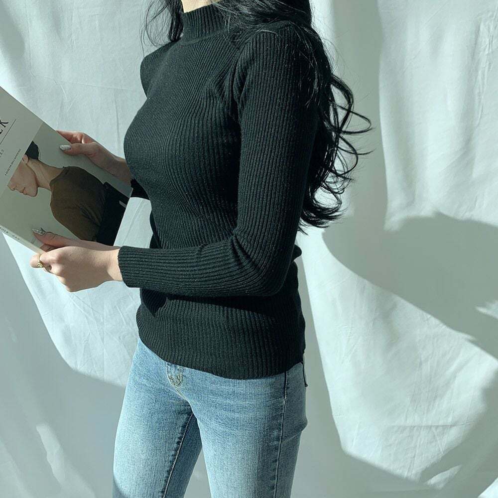 오너클랜 여성 겨울 도톰한 골지 반폴라 니트티셔츠