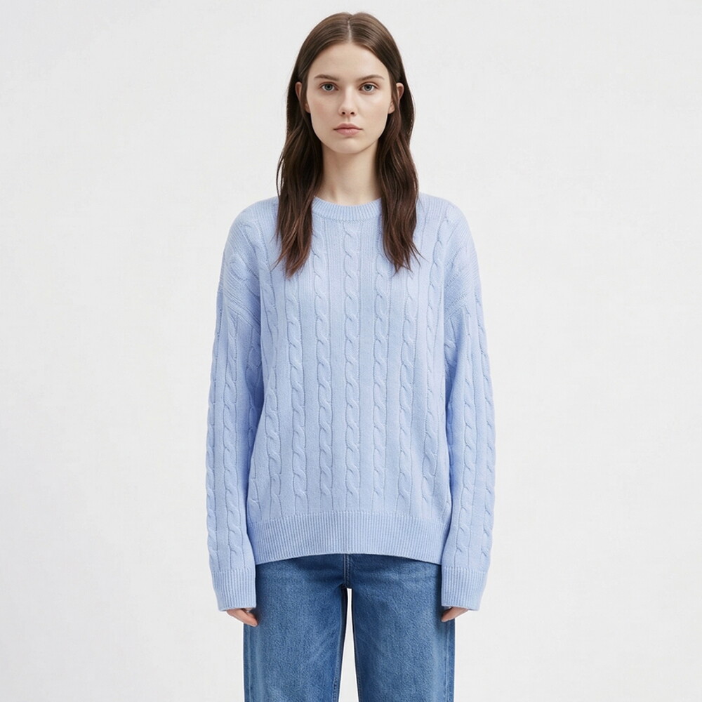 샵앤 샵앤 [샵앤] 국산 여성 라운드 케이블꽈배기 루즈핏 니트 티셔츠 INT-WKN-21170-스카이