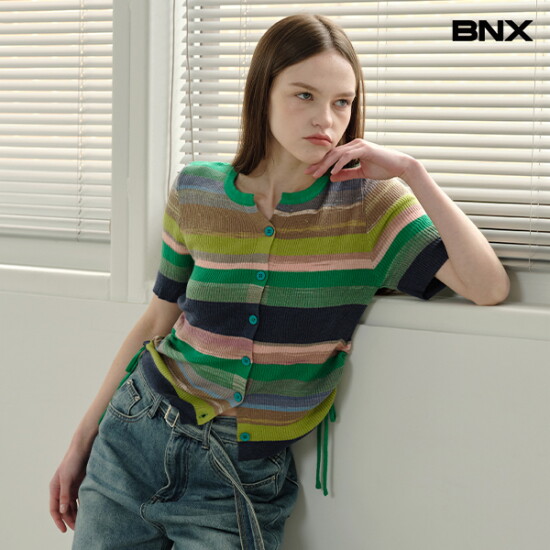 [BNX]라운드넥 스트라이프 배색 반팔 가디건 (BX2CD005L0)