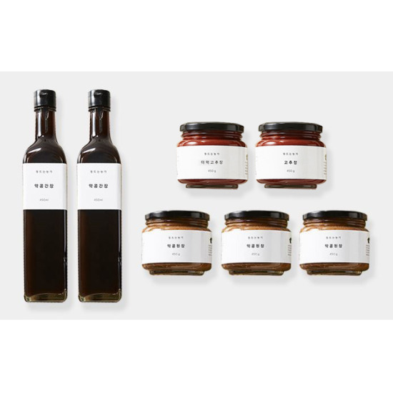 [동트는 농가]약콩 된장 450g x 3통, 약콩 간장 450ml x 2병, 더덕 고추장 450g x 1통, 동트는농가 고추장 450g x 1통