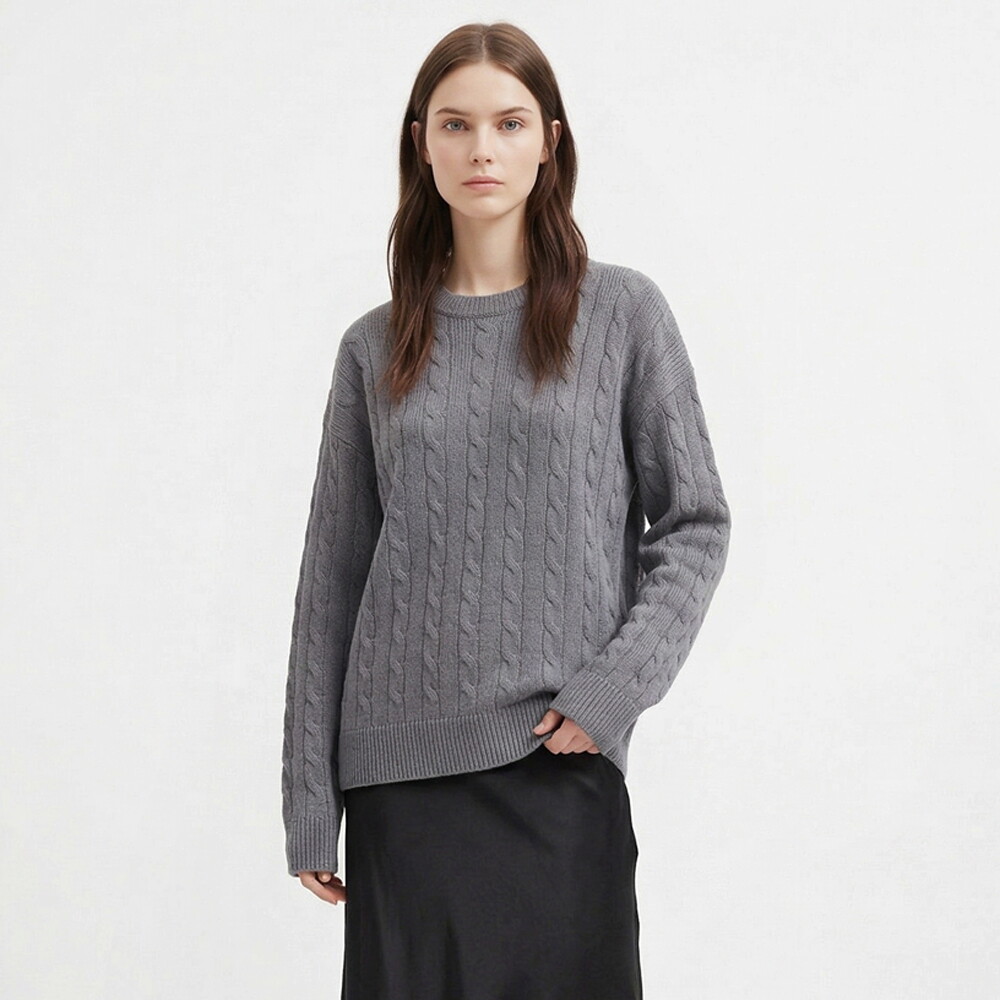 샵앤 샵앤 [샵앤] 국산 여성 라운드 케이블꽈배기 루즈핏 니트 티셔츠 INT-WKN-21170-그레이