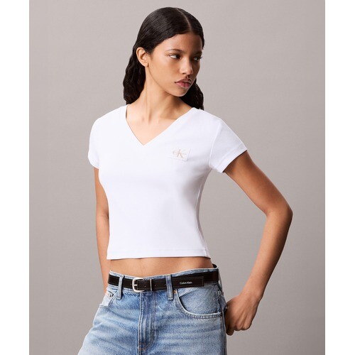 캘빈클라인 진 캘빈클라인 진 캘빈클라인 진 CALVIN KLEIN JEANS 여성 우븐라벨 베이비립 브이넥 티 47C910G YAA 6106900 47C910GYAA