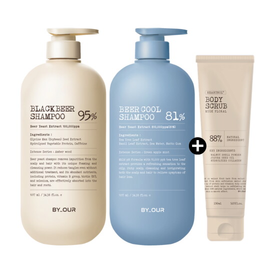[바이아우어][엘라이브 헤어바디3종 샴푸세트] 바이아우어 쿨 탈모 샴푸 1,017ml * 1개 + 블랙비어 이스트 샴푸 1,017ml * 1개 + 바디스크럽 150ml * 1개