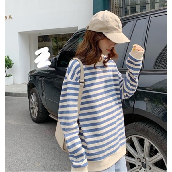 메이비누스 [하프클럽/메이비누스]블랙 블루 단가라 줄무늬 맨투맨 긴팔 라운드넥 루즈핏 스트라이프 티셔츠