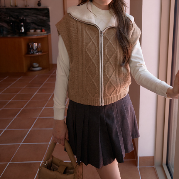 엘르골프 [엘르골프]여성 인조FUR 배색 풀오픈 니트 베스트   6K-83101_US