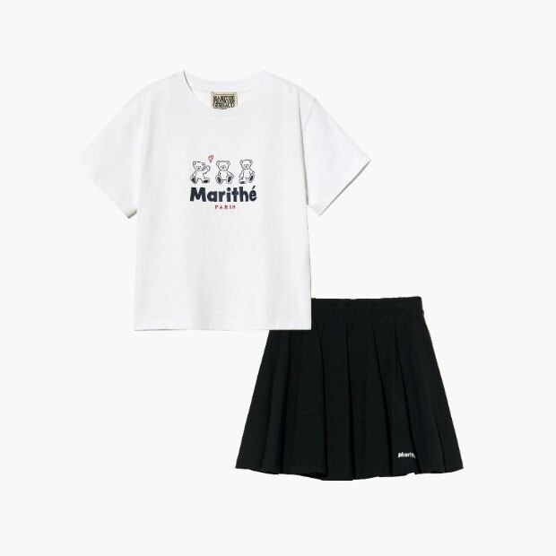 마리떼프랑소와키즈트레이닝세트 TQK MFE45UTS706WBC KIDS W SEMI CROP TEE+SKIRT SET-UP white/black