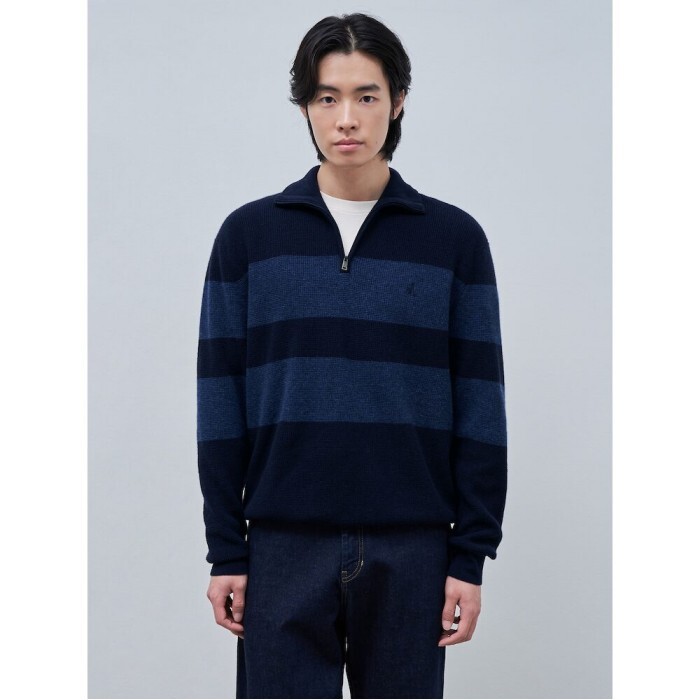 빈폴(아울렛) [빈폴멘] 럭비 스트라이프 반집업 니트  네이비 (BC4951C41R)