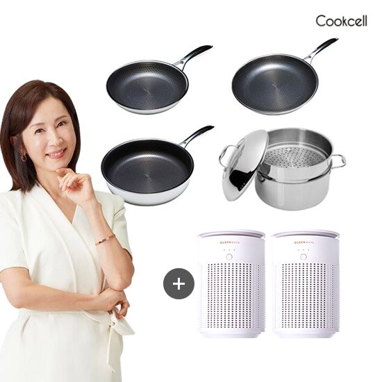 ★인기★ 블랙큐브 더블코팅 IH 스텐 프라이팬 세트 + 퀸메이드 공기청정기 2대
