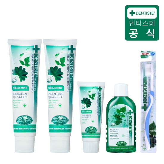 [덴티스테][지우네] 플러스화이트 브리즈민트 치약 160g*2개 + 60g*1개 + 오랄린스 100ml*1개 + 칫솔