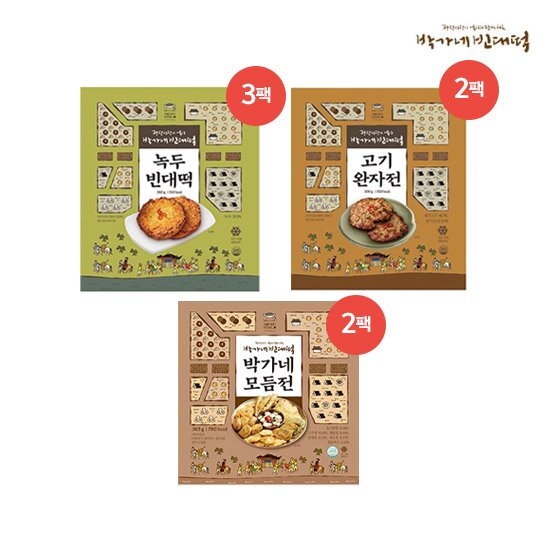 [박가네 빈대떡] 모듬전 2팩 (팩당 동그랑땡3,동태전2,깻잎전2,새송이전2,새우전1,고추전2) + 빈대떡 5팩 (녹두3팩,고기완자2팩), 총7팩